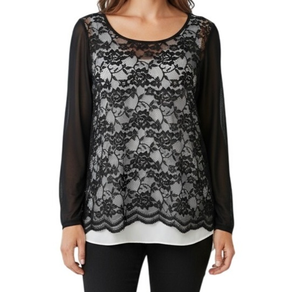 THE LIMITED Black Scalloped Lace Over Ivory Semi Sheer Sleeves Top EUC Size M‎